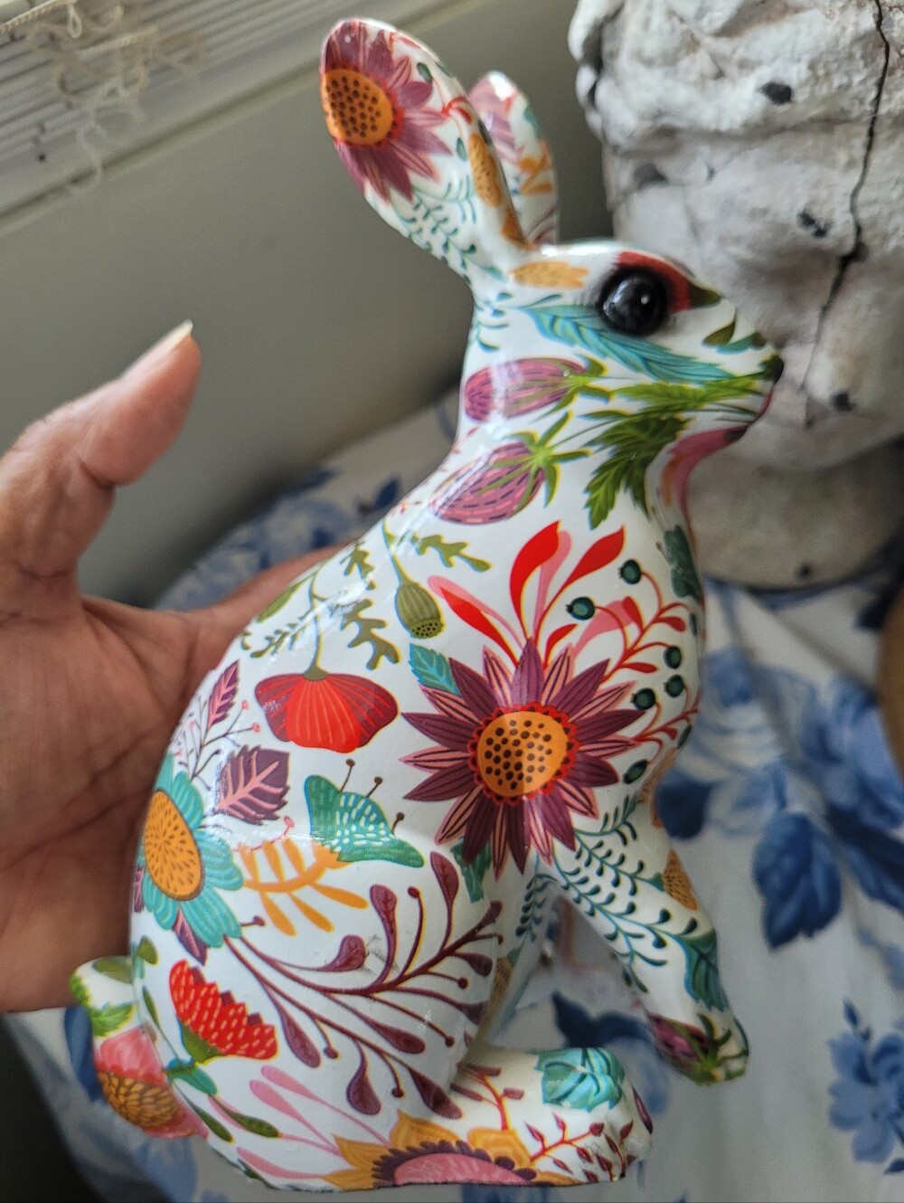 Decoupage Floral Ceramic Bunny Sculpture - Multicolor